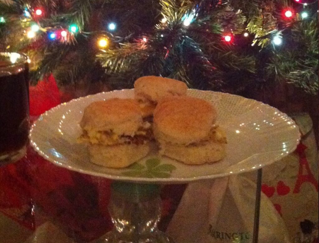 Egg Biscuits on a plate in front of a Christmas tree.