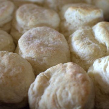Skillet full of fluffy biscuits