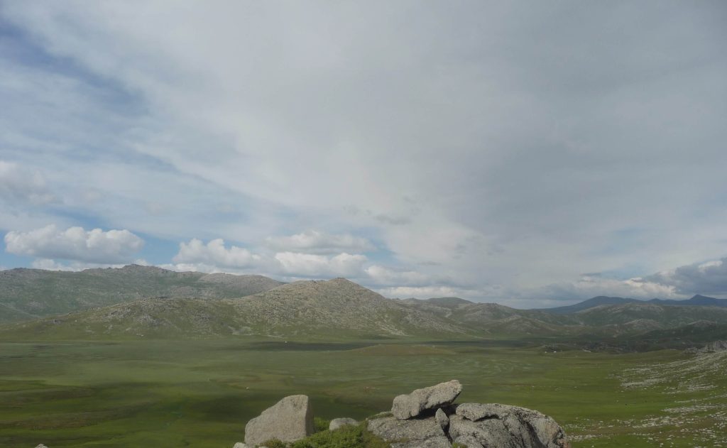 Mountain valley with green pastures and mountains in the background