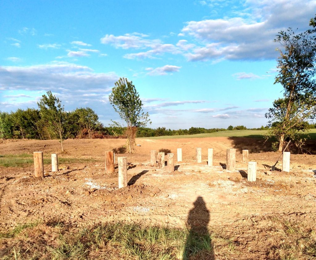 Piers sticking out of the ground with trees and sky in the background